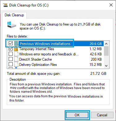 Delete Previous Windows Installations Using Disk Cleanup