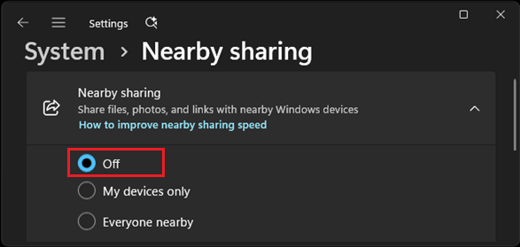 Disable Nearby Sharing on Windows Computer