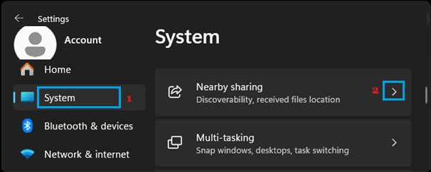 Nearby Sharing Settings Option in Windows