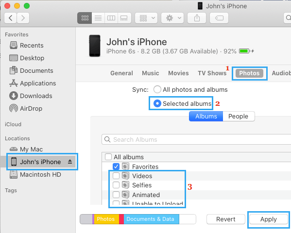 Eliminar álbumes de fotos sincronizadas de Mac en iPhone