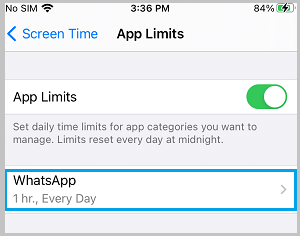 App Limit Settings Option for WhatsApp on iPhone