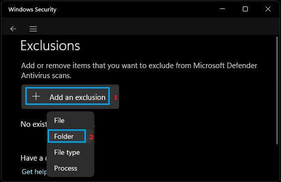 Add Folder to Exclusion Option in Windows Security
