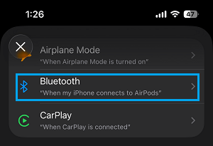 Bluetooth Settings Tab on iPhone Shortcuts App