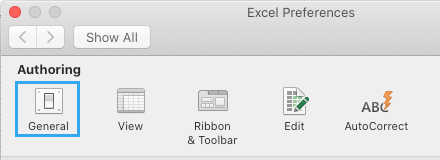 Open Excel General Preferences on Mac