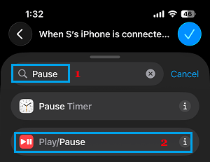 Select Pause Option in Shortcuts App on iPhone