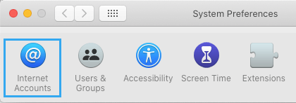 Internet Accounts Icon on System Preferences Screen