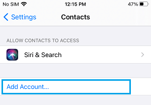 Add Account Option in Contacts App on iPhone