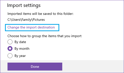 Change Import Destination in Windows Photos App