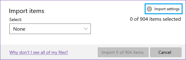 Import Settings Option in Windows Photos App