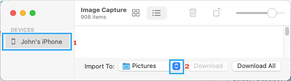 Select iPhone in Image Capture Utility on Mac