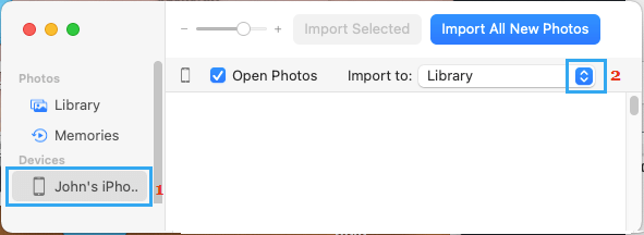 Select iPhone in Photos App on Mac