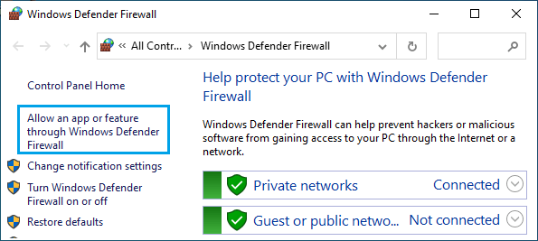 Allow App or Feature Through Windows Defender Firewall