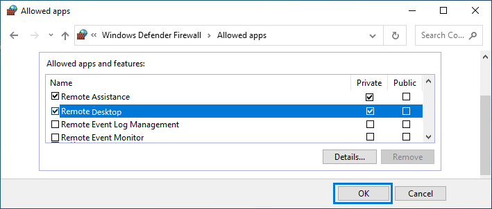 Allow Remote Desktop Through Windows Defender Firewall