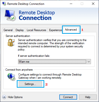 Open Remote Desktop Advanced Settings