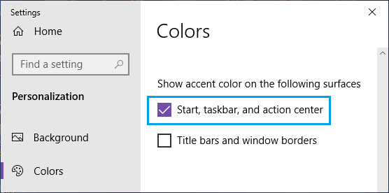 Show Accent Color on Start, Taskbar and Action Center