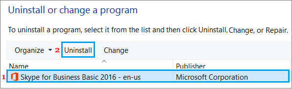 Uninstall Skype for Business from Control Panel