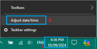 Adjust Date and Time Option in Windows