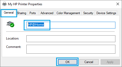 Change Printer Name on Printer Properties Screen