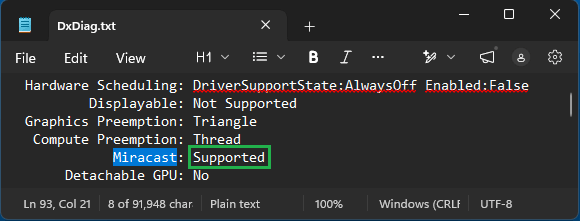 Miracast Supported on DxDiag Text File