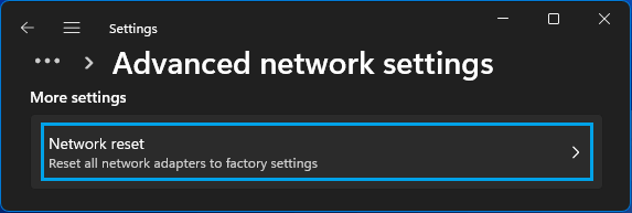Network Reset Option in Windows 11