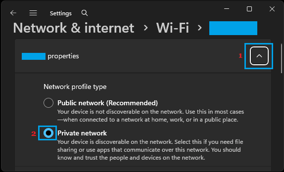 Select Private Network For Wi-Fi Network