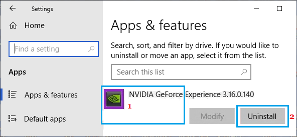 Uninstall NVIDIA GeForce Experience Using Settings