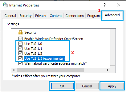 Enable All TLS Options on Internet Properties Screen