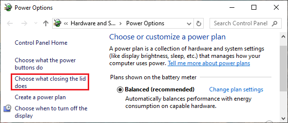 Choose What Closing the Lid Does Link on Power Options Screen