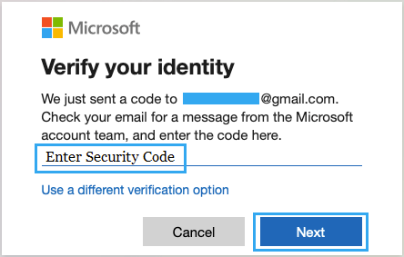 Enter Security Code to Verify Microsoft Account