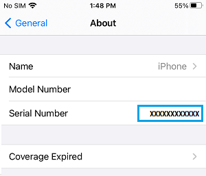 iPhone Serial Number on About Screen