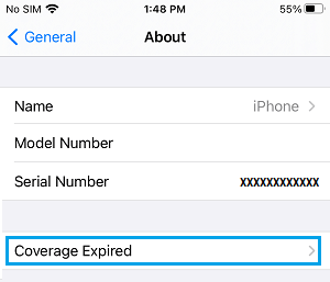 iPhone Coverage Status on About Screen