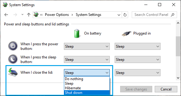 Available Lid Closing Options in Windows