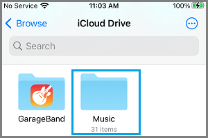 Abra la carpeta de música en iCloud Drive en iPhone