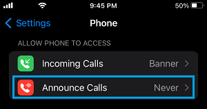 Announce Calls Settings Option on iPhone