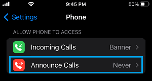 Announce Calls Option on iPhone