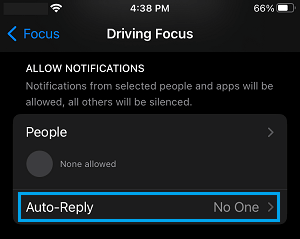 Driving Focus Auto-Reply Settings Option on iPhone