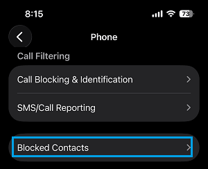 Blocked Contacts Settings Option on iPhone