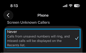Disable Screen Unknown Callers Feature on iPhone