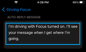 Driving Focus Auto-Reply Message on iPhone