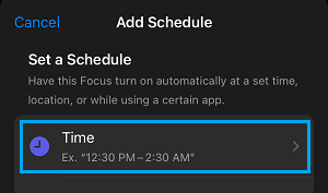 Time Tab on Do Not Disturb Add Schedule Screen