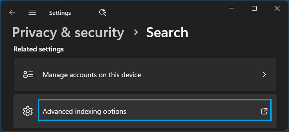 Advanced Indexing Settings Option in Windows