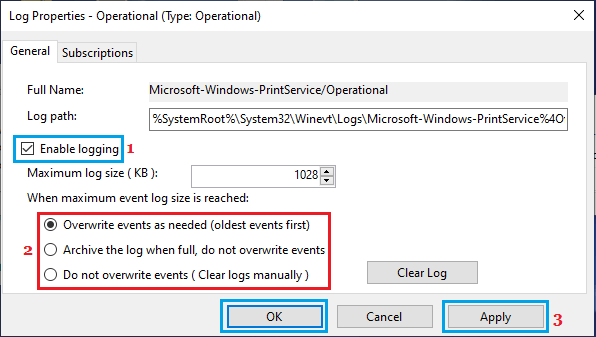 Enable Operational Print Logging on Windows PC