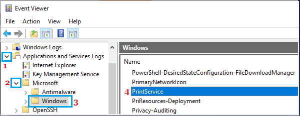 Open PrintService Entry in Windows Event Viewer