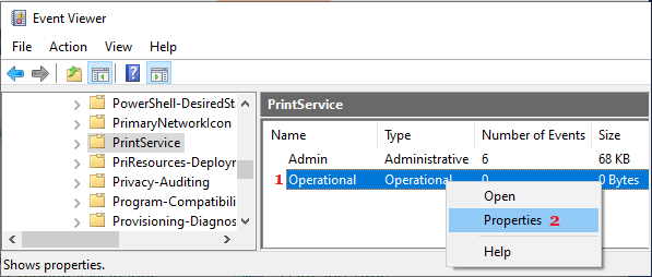 Open Operational PrintService Properties in Event Viewer