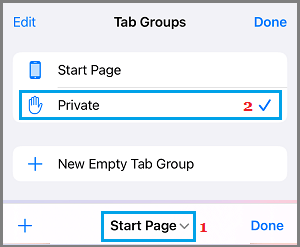 Start Private Browsing Option in iPhone Safari Browser