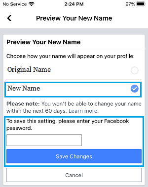 Save New Facebook Name