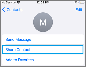 Share Contact Option on iPhone Contacts App