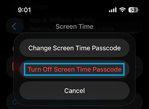 Select Turn off Screen Time Passcode Option