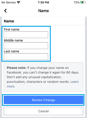 Type New Facebook Name