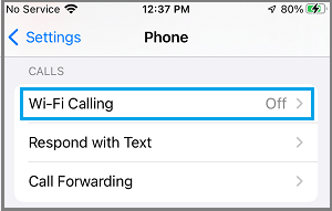 WiFi Calling Settings Option on iPhone